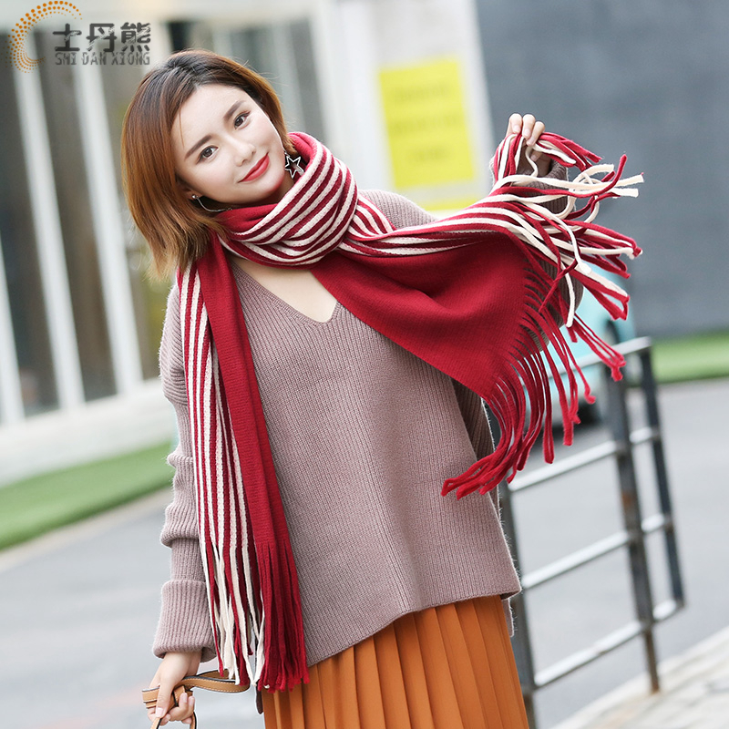 士丹熊围巾 秋冬围巾男女情侣毛线围脖 保暖针织混色厚围巾 白红色