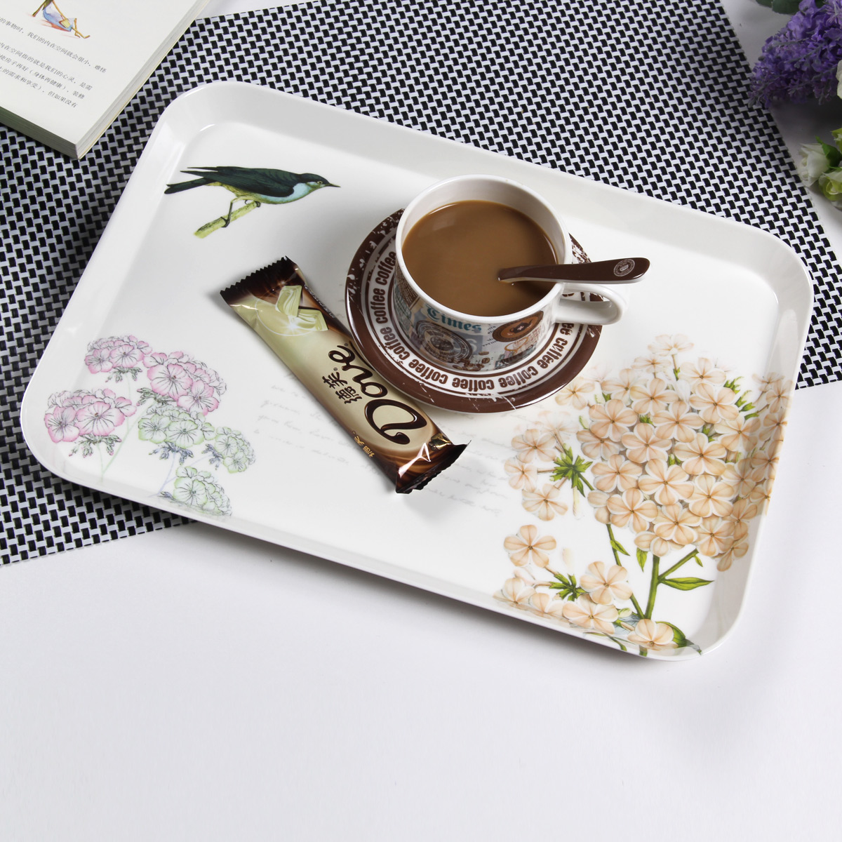 KORDCO 密胺托盘长方形创意水果盘欧式家用茶盘放水杯茶杯的托盘蛋糕盘 小鸟花色 大号 38*28cm