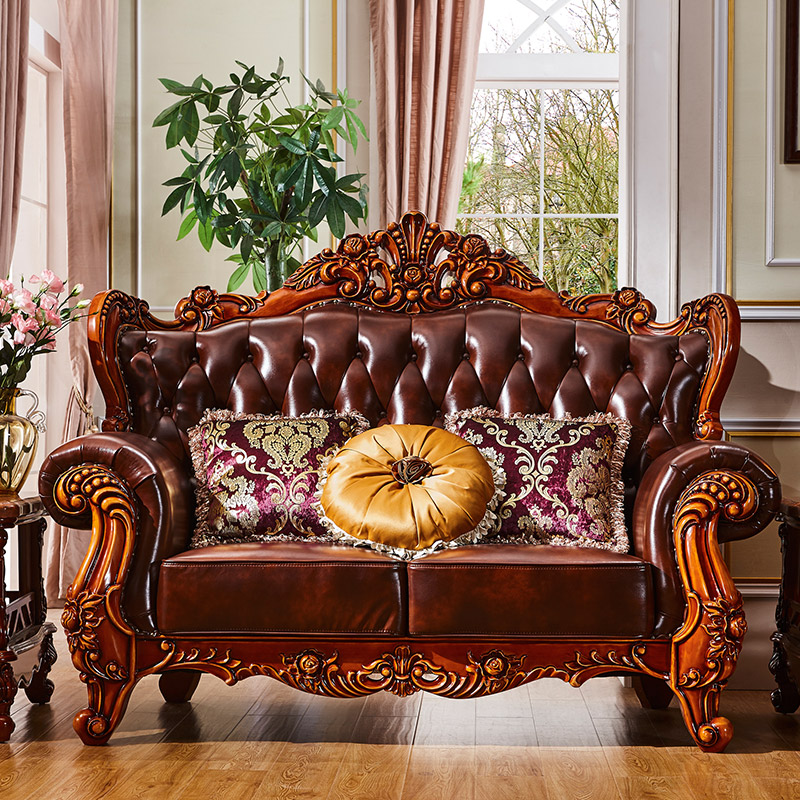 梦美斯宣沙发 美式实木雕花沙发欧式仿古真皮沙发组合大户型客厅家具123组合沙发 599 1+2+3组合沙发