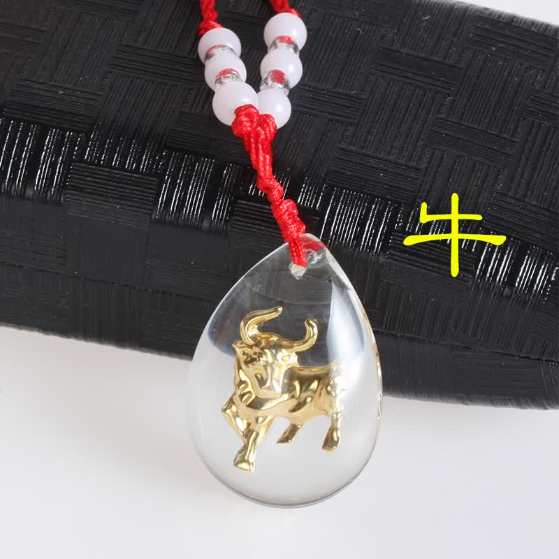 兴颖大号十二生肖吊坠水晶镶金箔属相挂坠本命年红绳项链 大号牛(配