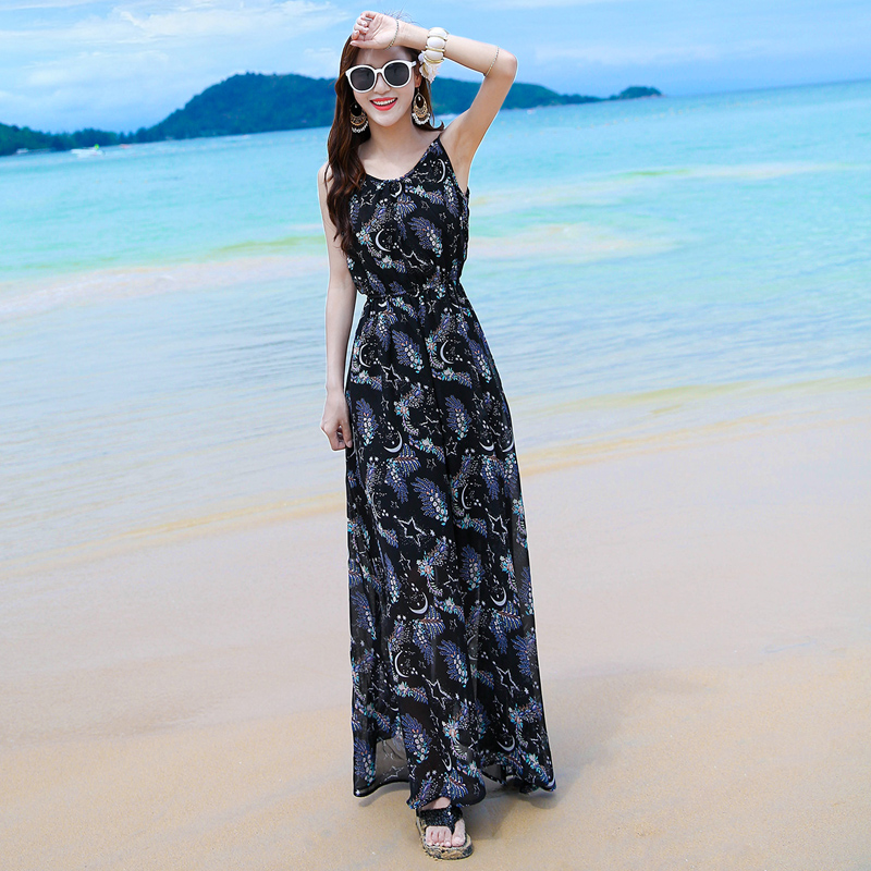 西子美丽心情2020夏季新款女装显瘦吊带雪纺长裙波西米亚连衣裙海边