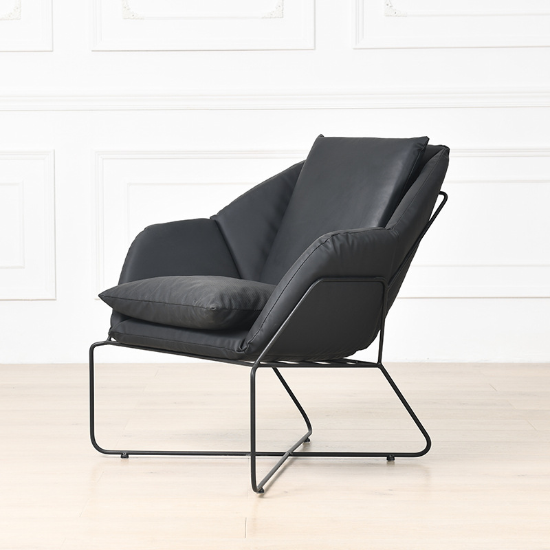北欧铁艺沙发休闲单人沙发椅工作室咖啡厅现代简约设计师懒人沙发 黑色铁架+黑色皮坐垫