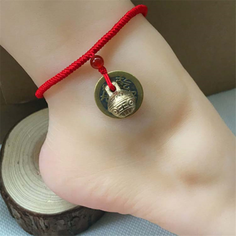 箴诺 五帝铜钱红绳转运珠脚链男女款手工编制本命年铃铛脚绳 福铃铜钱