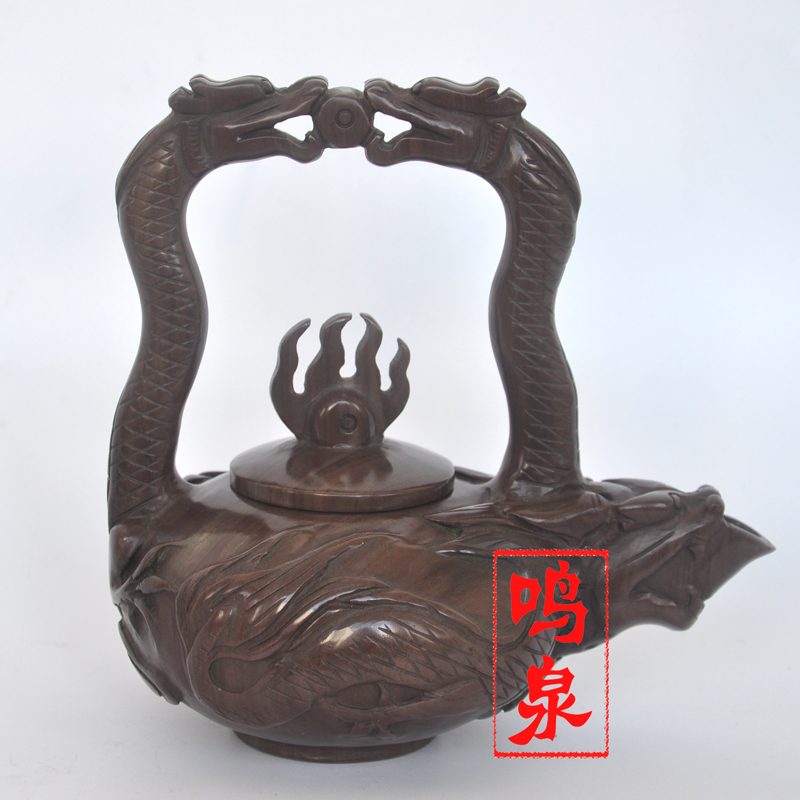 鸣泉紫檀木鱼石茶壶二龙戏珠功夫茶具,天然石头微量元素泡茶茶壶茶杯