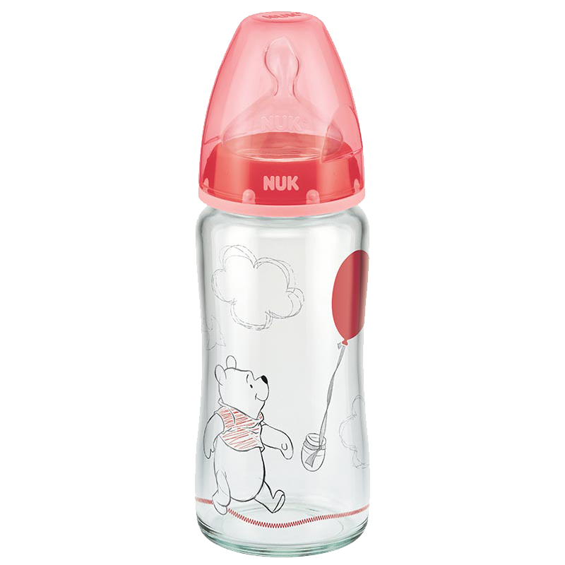 NUK宽口径玻璃奶瓶婴儿宝宝奶瓶配防胀气自然实感硅胶奶嘴（0-6个月中圆孔）迪士尼款红色240ml【德国进口】