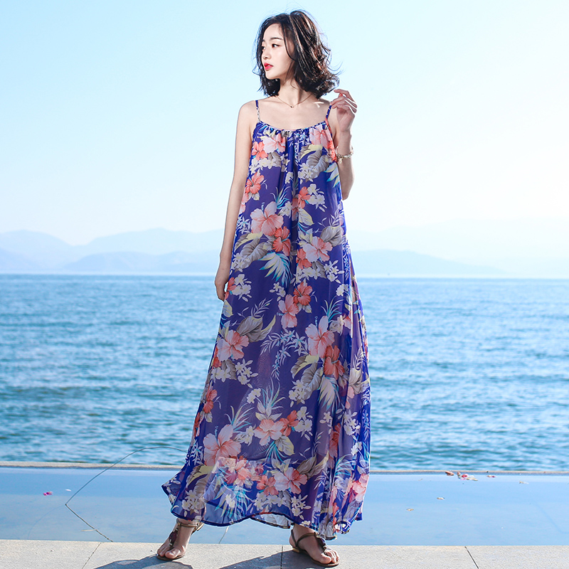 西子美丽心情2021女装新款夏季吊带露背长裙雪纺印花大码连衣裙