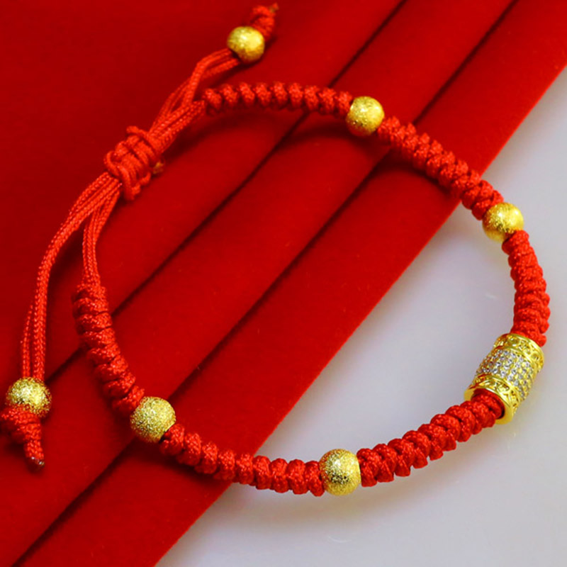 千影珠宝镀金手链男女款手工编织红绳手链镀金路路通转运珠手链饰品