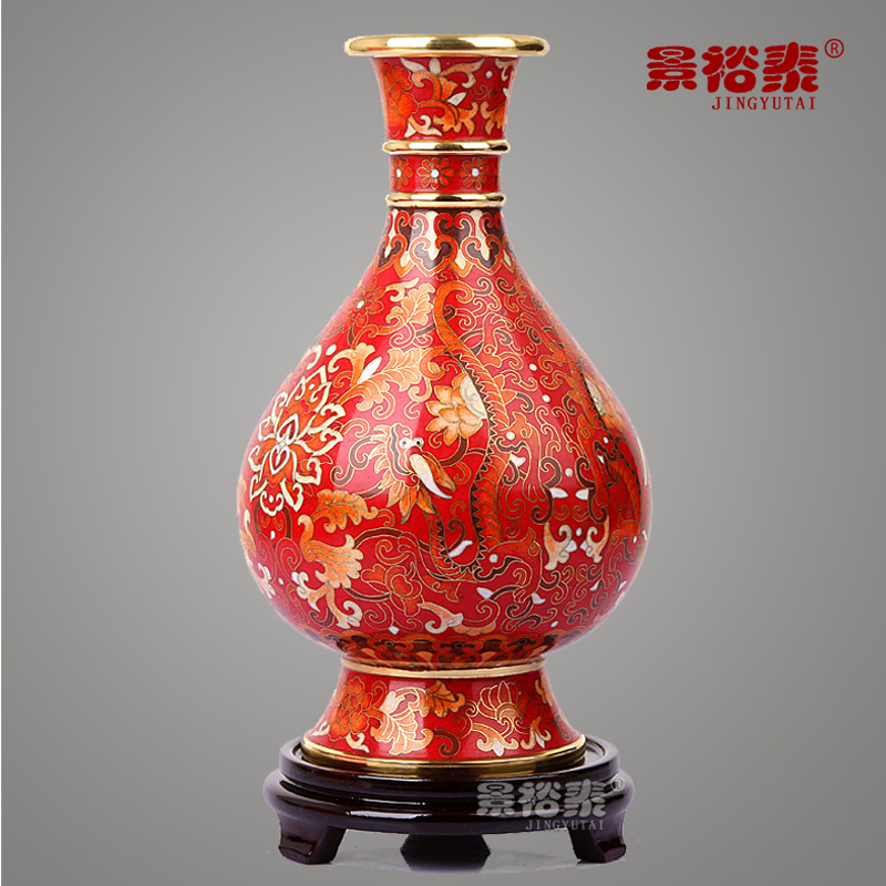 景裕泰 景泰藍(lán)花瓶10寸蟠龍獻(xiàn)瑞雙龍銅胎琺瑯家居客廳裝飾品商務(wù)外事擺件北京傳統(tǒng)工藝品 李榮魁大師作品 紅色