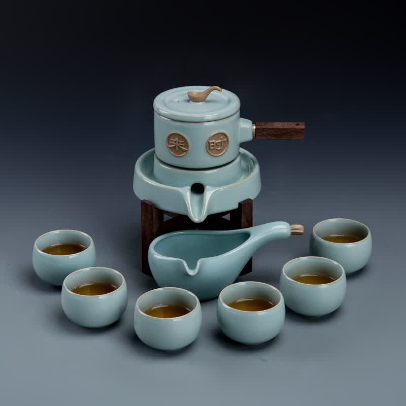 琪馨边 汝窑全自动功夫茶具套装懒人茶杯防烫整套石磨泡茶器时来运转
