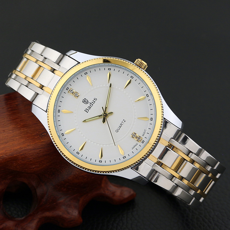 佰镀时(badus)金色手表 双日历钢带男表 时尚水钻防水女士手表 新款