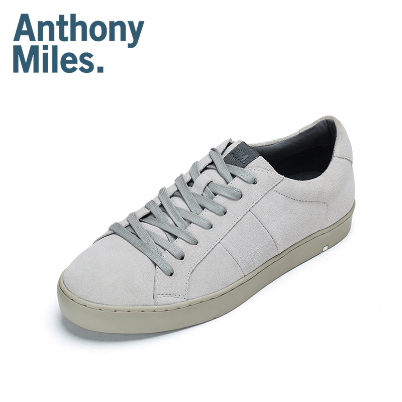 英国设计师品牌安东尼Anthonymiles真皮休闲软面时尚英伦板鞋男士系带男鞋透气潮流单鞋时尚牛皮 AAD0008Q浅灰色 41