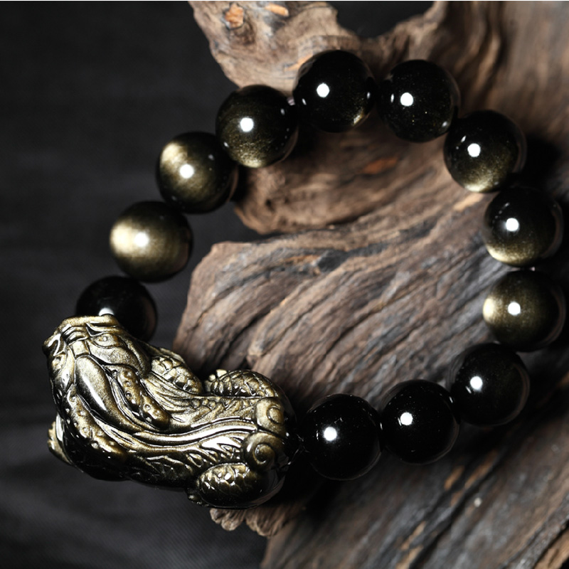 金曜石貔貅手链男女款双金眼黑曜石水晶手串饰品 12mm