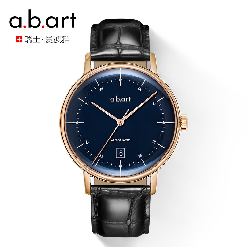 eta瑞士原装进口日历皮带机械表情人节礼物 (41mm深蓝色-金壳)g121-d