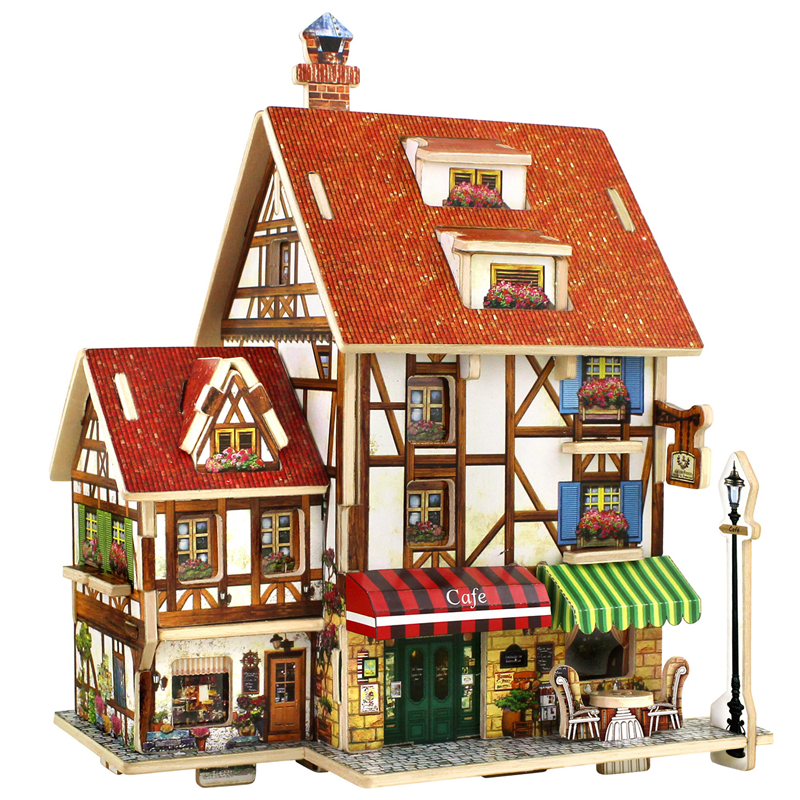 若态diy木质3d立体拼图世界风情小屋筑拼装模型儿童玩具法国咖啡店小屋F125儿童节礼物