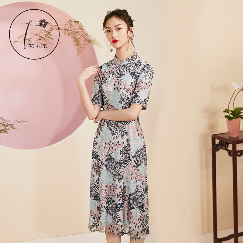 深中国风旗袍改良版连衣裙女设计师刺绣高腰裙真丝裙子复古文艺礼服