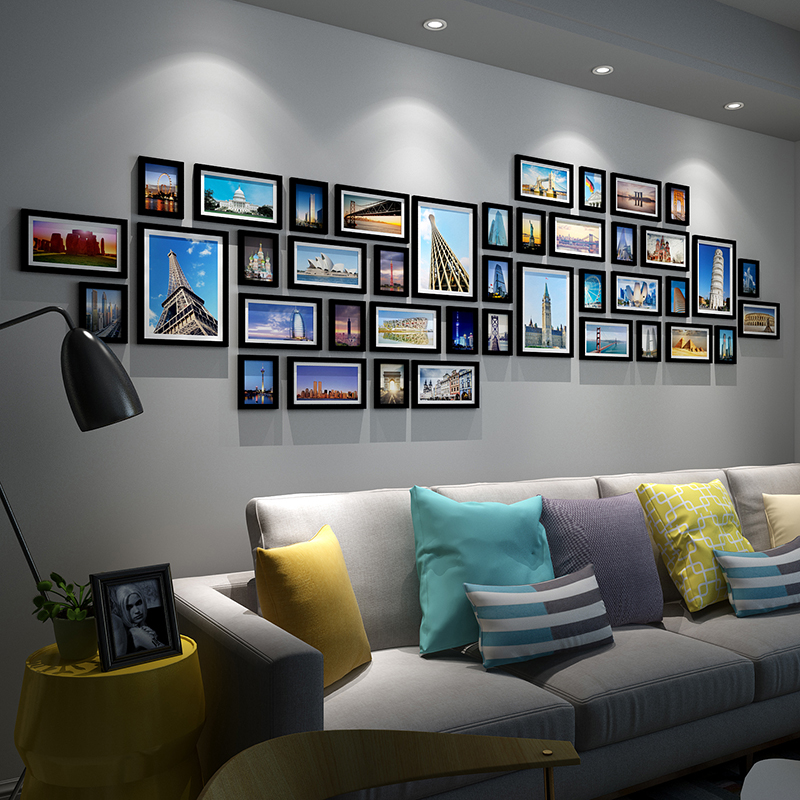 絮之家客厅实木照片墙创意欧式沙发大尺寸相框墙组合公司企业艺术文化墙 黑框+经典建筑画芯