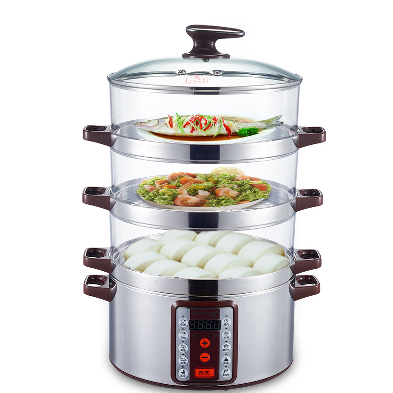 SANMSIE 电蒸锅家用多功能透明玉米蒸锅不锈钢商用大容量32cm蒸笼电火锅多用途锅蒸包子馒头智能预约保温 透明款32cm（底锅+3层）