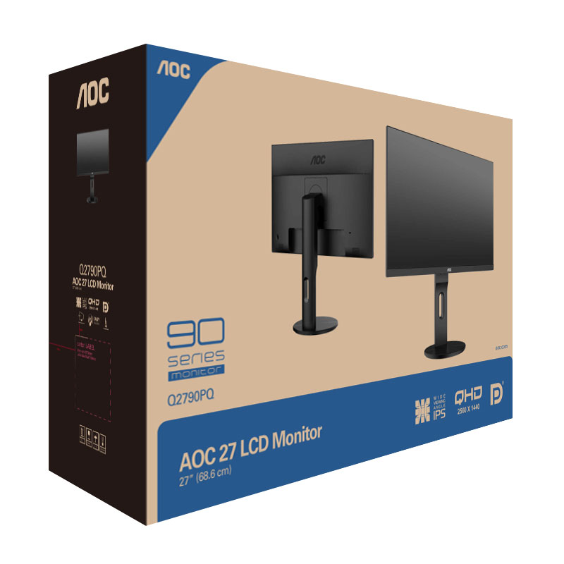 AOC 27英寸 2K IPS广视角 106%NTSC广色域 商用办公 节能 低蓝光不闪 旋转升降液晶显示器 Q2790PQ