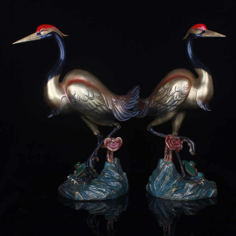 普澜家居 铜仙鹤摆件一对铜彩绘仙鹤灵芝鹤家居装饰品礼品贺寿铜鹤