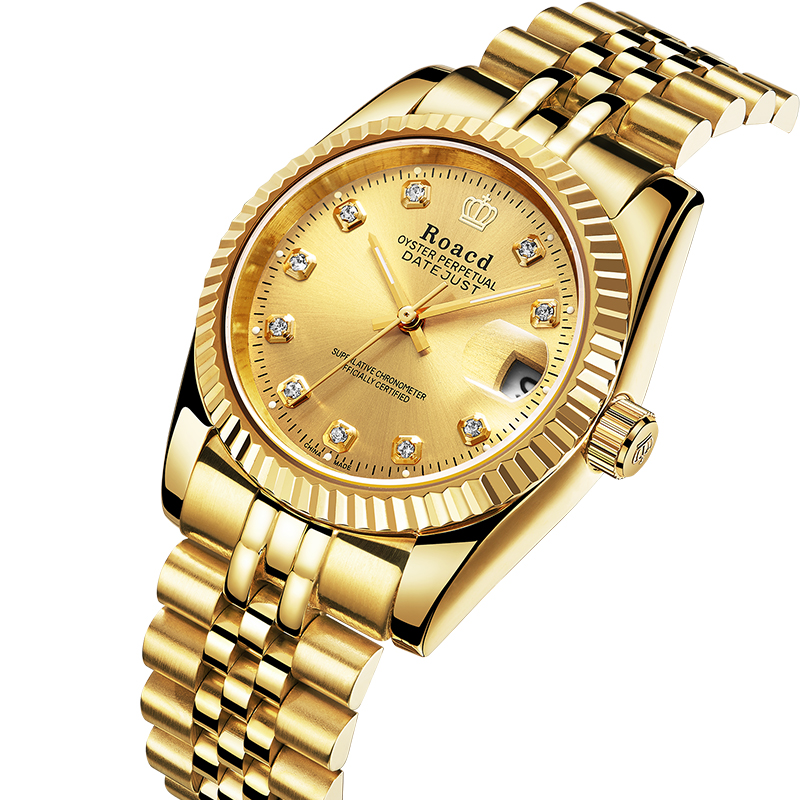 瑞士认证roacd劳莱斯顿手表男士防水机械表经典商务全自动土豪金表