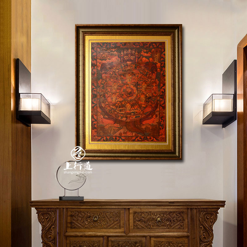 上行道手绘唐卡画 六道轮回图 装饰画挂画西藏 密宗佛教佛像佛堂客厅