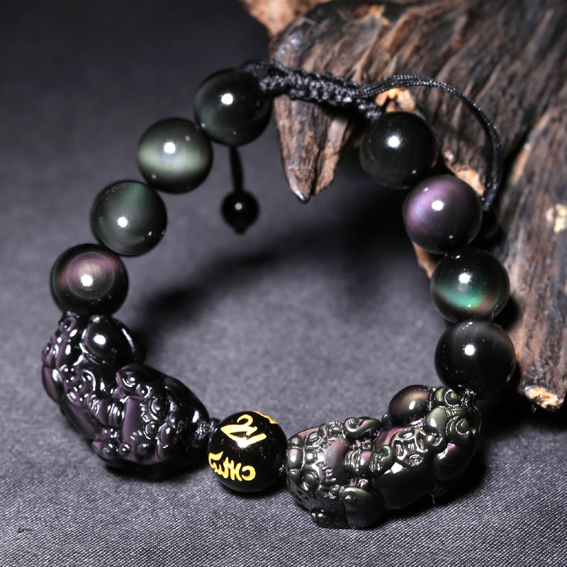 慈灵阁 六字真言彩虹眼黑曜石双貔貅手链 男士手串 女手链 情侣款