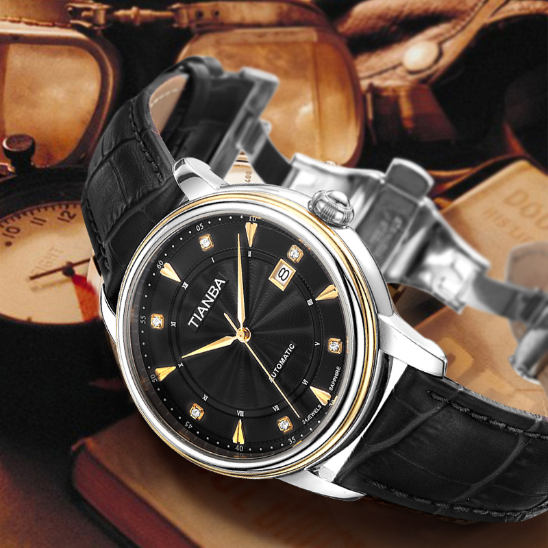 天霸(TIANBA)手表男士时尚休闲腕表真皮表带日历镶钻男表全自动机械男表TM8007 黑色 TM8007.01PK