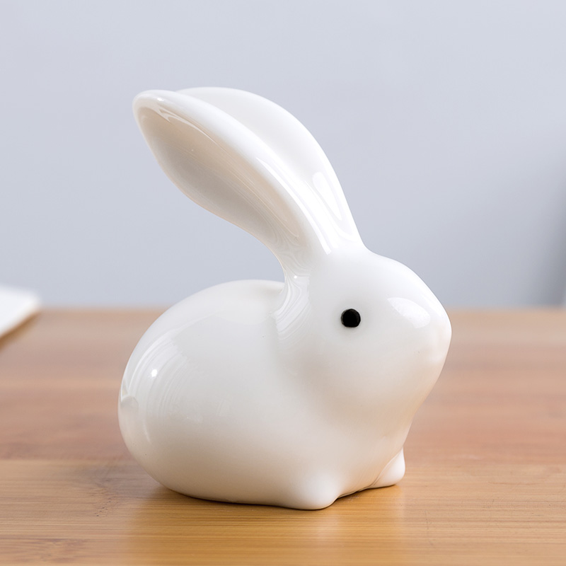 创意可爱兔子摆件陶瓷玉兔工艺品客厅电视酒柜房间家居装饰品礼物 羊脂白（玉瓷玉兔）