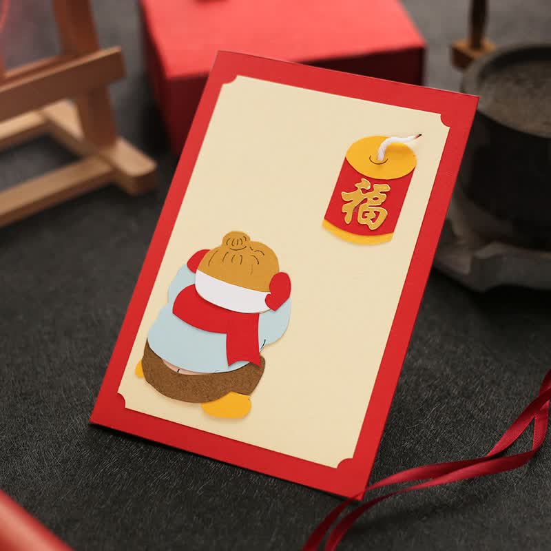 艾晴手贺放鞭炮小孩diy手工贺卡新年中式复古风送儿童长辈拜年祝福