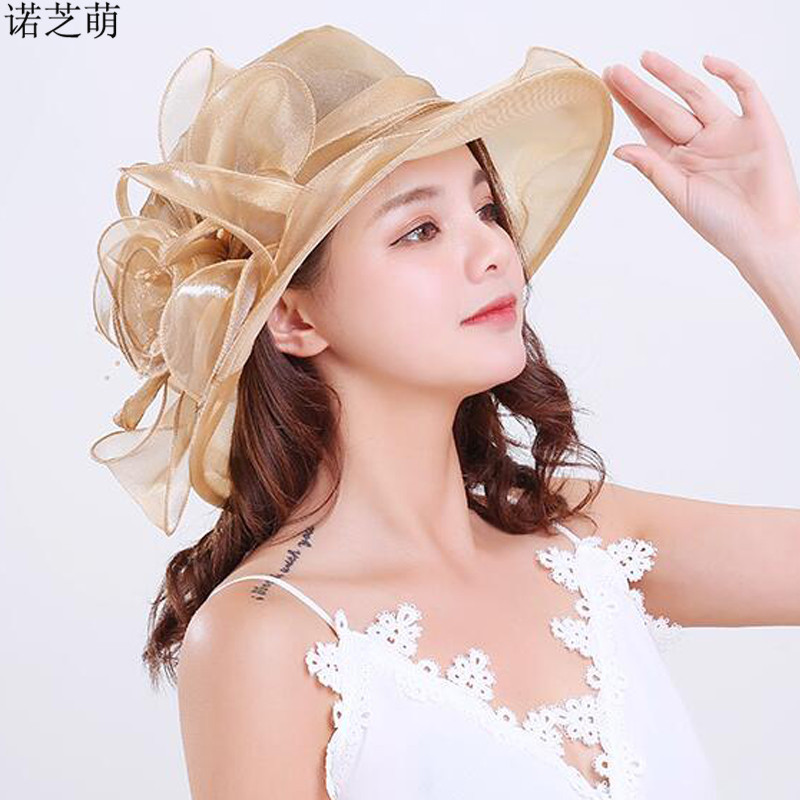 諾芝萌 優(yōu)雅氣質(zhì)女士遮陽(yáng)帽 夏季紗帽 大檐帽 蝴蝶結(jié)大沿帽涼帽ND116 卡其色 均碼