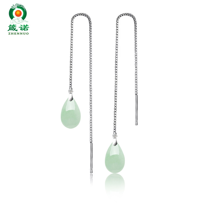 箴诺 天然翡翠A货玉耳环水滴耳坠925银时尚气质玉石耳线翠玉耳链 耳线款