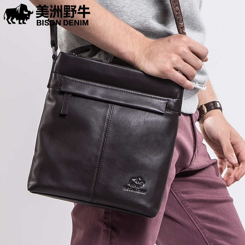 美洲野牛单肩斜挎包男士真皮竖款背包休闲头层小牛皮男包父亲节礼物送