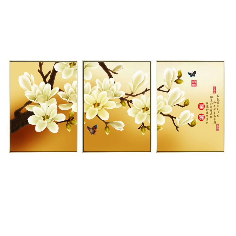 MONADIY客廳裝飾畫沙發(fā)背景墻三聯(lián)畫現(xiàn)代簡約山水風景壁畫臥室餐廳掛畫 21 玉蘭花開（三幅組合） 原木紋框 50*70cm PS框+油布