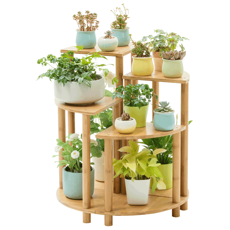 木马人现代简约简易盆景架组合扇形阳台花架实木多层客厅落地花盆架简约楠竹花架子置物架收纳架 高50cm