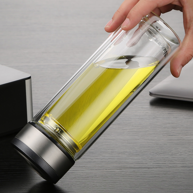 富光 玻璃杯 双层玻璃泡茶杯子 带过滤网水杯 男女士车载办公便携水杯 350ml黑色【不锈钢回流盖】