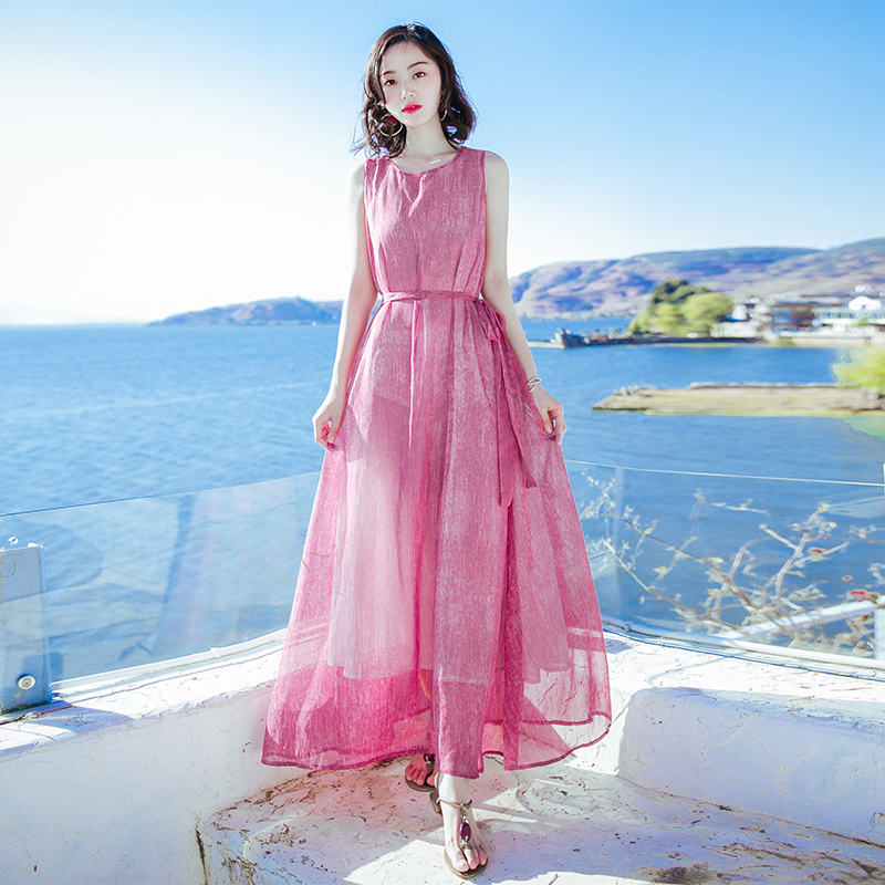 西子美丽心情夏季新品女装系带无袖雪纺连衣裙长裙波西米亚海边度假