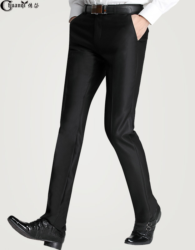 传棨 男士西裤修身小脚西装裤商务休闲亮面垂感西服裤男结婚裤子 黑色