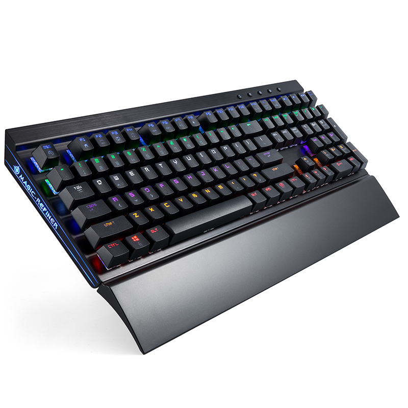 魔炼者MK7机械键盘 电竞游戏键盘 108键幻彩混光 机械键盘 多媒体按键 金属面板可拆手托 青轴黑色