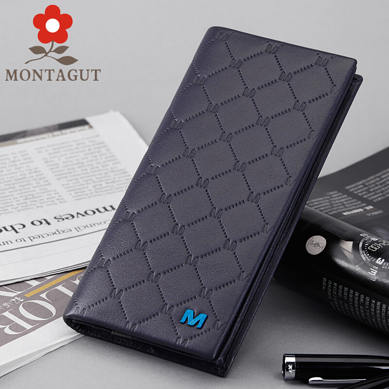 梦特娇男士真皮长款钱包头层牛皮m字母格纹钱夹商务真皮皮夹礼盒蓝色
