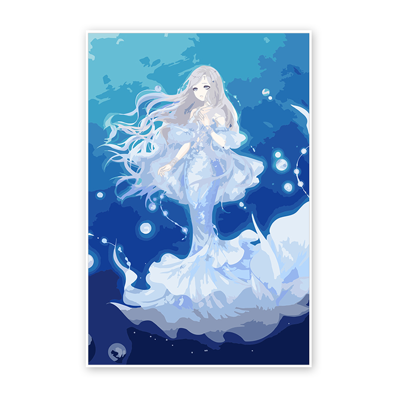装饰挂画数字油彩画diy风景大海面少女仙居唯美意境蓝色白发 美人鱼