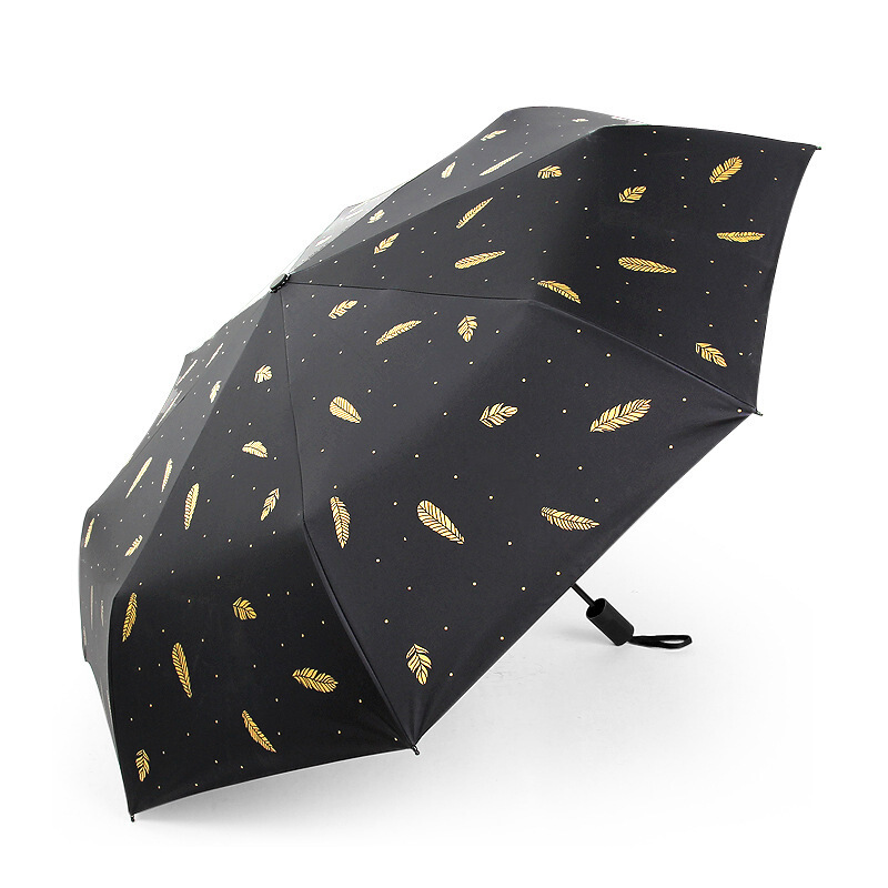 女士小清新折叠雨伞加厚黑胶防晒伞太阳伞学生加大晴雨伞 黑色 三折-烫金羽毛「加粗杆」