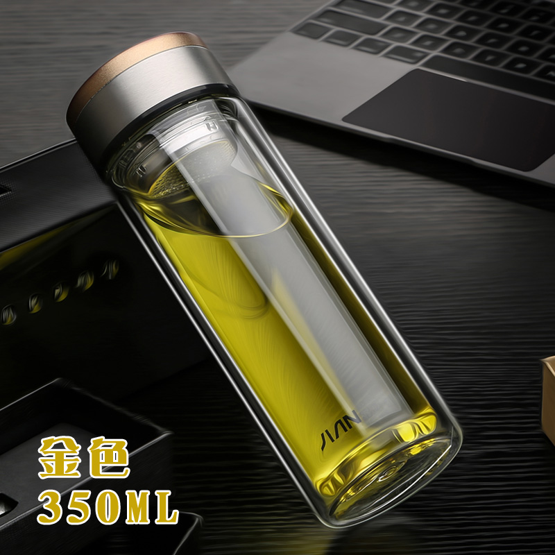 富光 玻璃杯 双层玻璃泡茶杯子 带过滤网水杯 男女士车载办公便携水杯 350ml黑色【不锈钢回流盖】