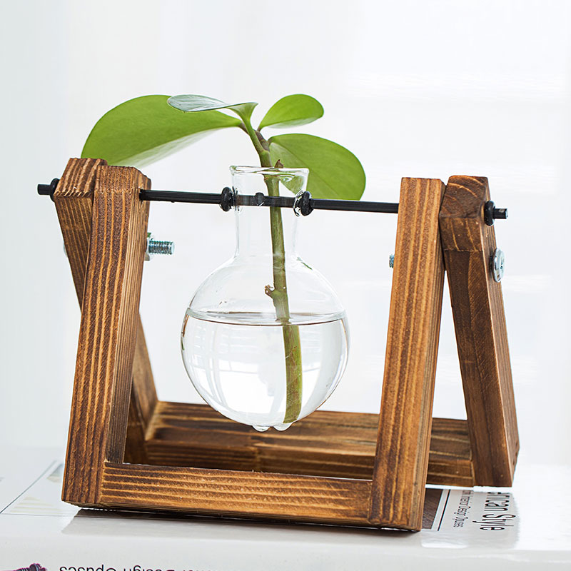 如一花开 创意木架水培花瓶绿萝植物玻璃花器透明花盆客厅小容器办公室桌面装饰摆件 复古花架（1个花瓶）