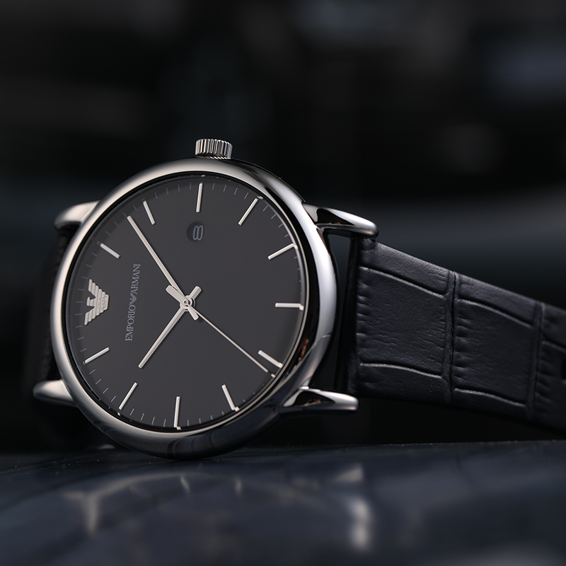 阿玛尼(emporio armani)手表 皮质表带时尚休闲男表 防水石英男士腕表