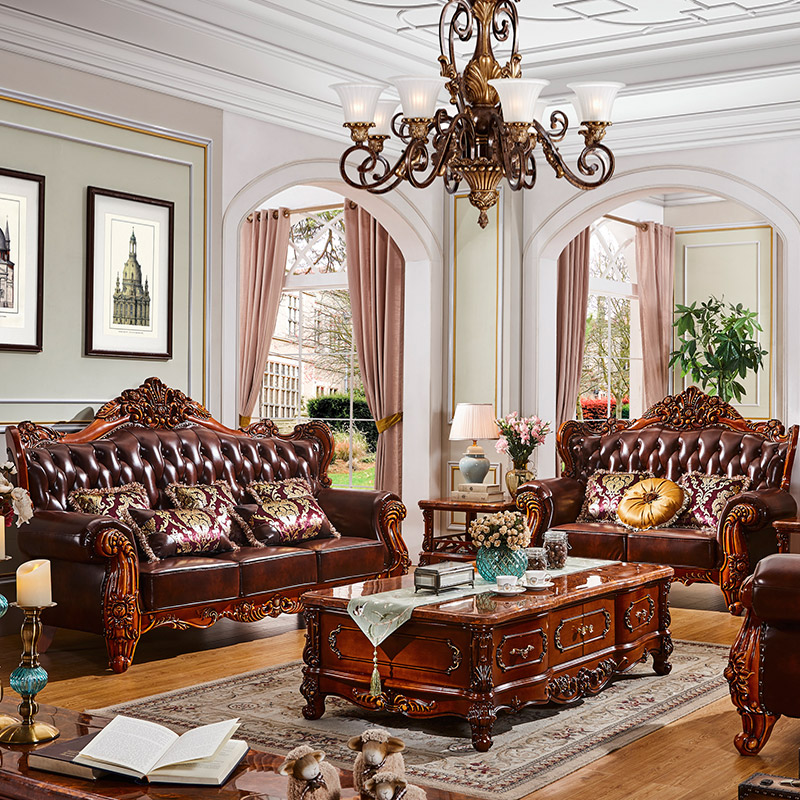 梦美斯宣沙发 美式实木雕花沙发欧式仿古真皮沙发组合大户型客厅家具123组合沙发 599 1+2+3组合沙发