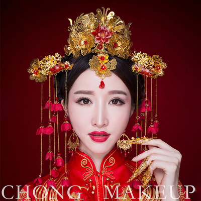 古代结婚头饰新娘中式复古秀禾服发饰古装凤冠霞帔宫廷皇后婚礼新 f