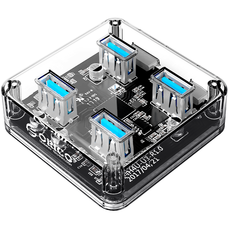 奥睿科(ORICO)USB分线器3.0 4口HUB扩展转换器 笔记本台式电脑一拖四集线器延长线带电源接口 全透明1米MH4U