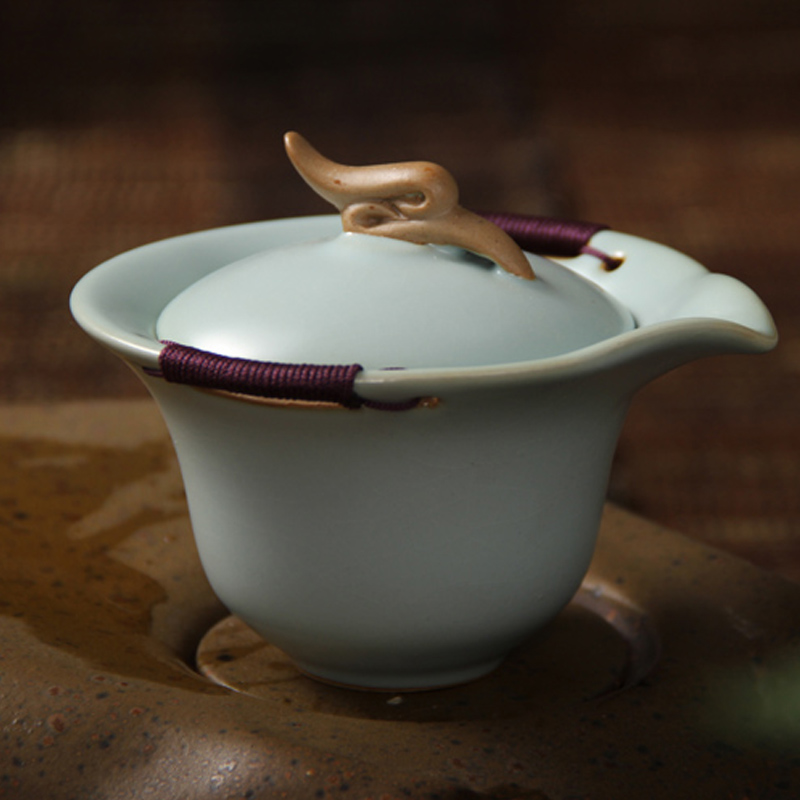 易信汝窑盖碗手抓泡茶碗汝瓷开片茶壶手抓壶功夫茶具 汝窑如凤手抓碗-天蓝色