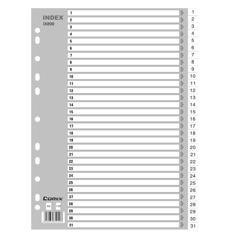 齐心(Comix)IX899A411孔易分类标签月度隔页索引纸31页(1-31)文件夹，价格历史走势与使用评价