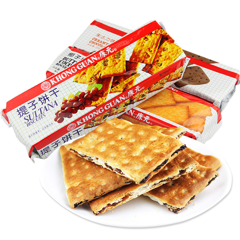 康元 提子饼干椰子奶油朱古力味夹心饼干200g葡萄干饼干休闲零食小吃